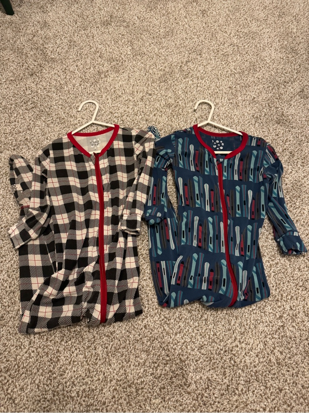 Set of Kickee Pants Red-Trim Zip Rompers - Black & White Plaid and Blue Pattern